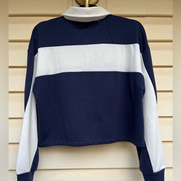 Hippie Rose blue/white blocks long-sleeved, collared, half-buttoned sweater, S - Picture 6 of 9